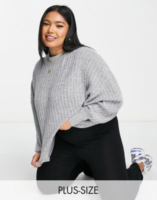 Urban Bliss Plus balloon sleeve ribbed knitted jumper in grey
