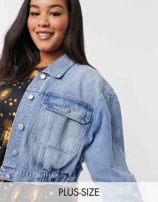 Urban Bliss Plus denim jacket with elastic waist in midwash blue ASOS