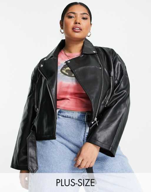 Urban Bliss Plus faux leather biker jacket in black | ASOS