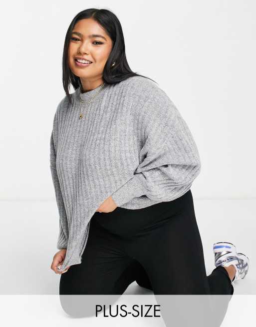 Urban Bliss Plus – Gerippter Strickpullover in Grau mit Ballonärmeln