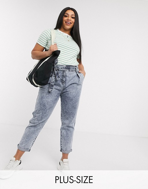 Urban Bliss Plus high waisted mom jeans with belt in blue