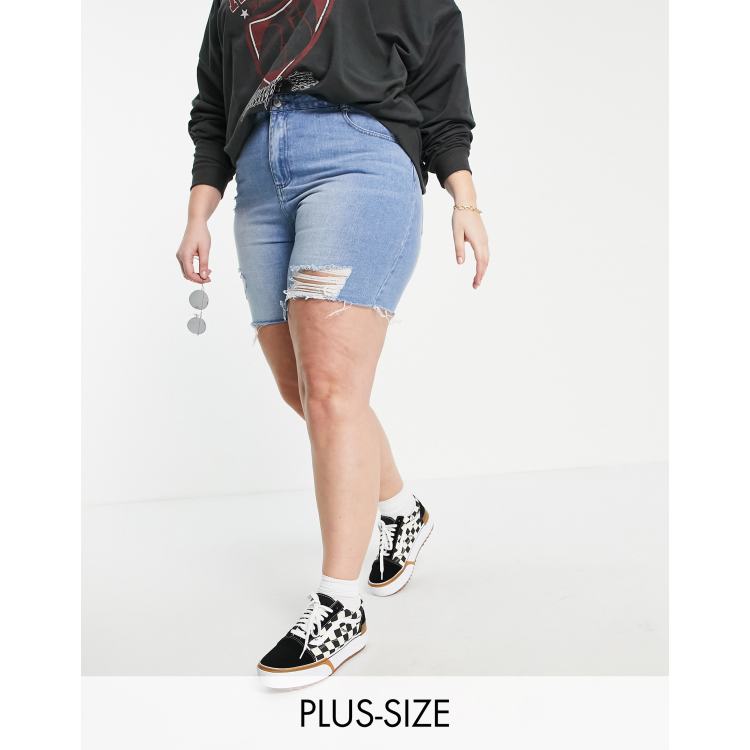 Urban Bliss Plus high waisted ripped longline shorts in mid wash, Philipp  Plein Fix You Morgan-fit Sies