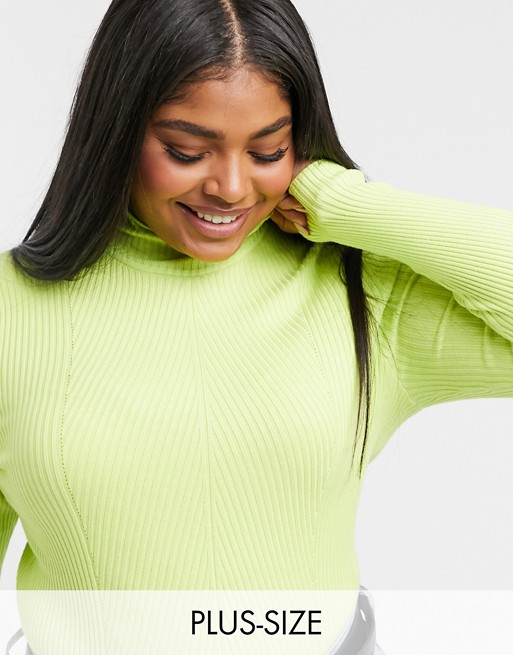 Urban Bliss Plus jersey ribbed high neck jumper in lime green