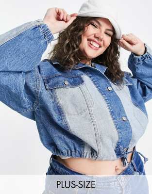 Urban Bliss Plus patchwork denim jacket in blue - ASOS Price Checker