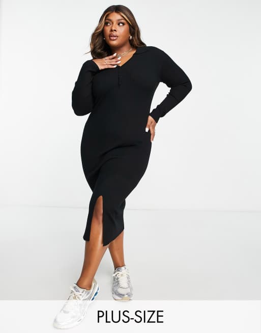 Urban Bliss Plus - Robe polo mi-longue en maille à col en V - Noir