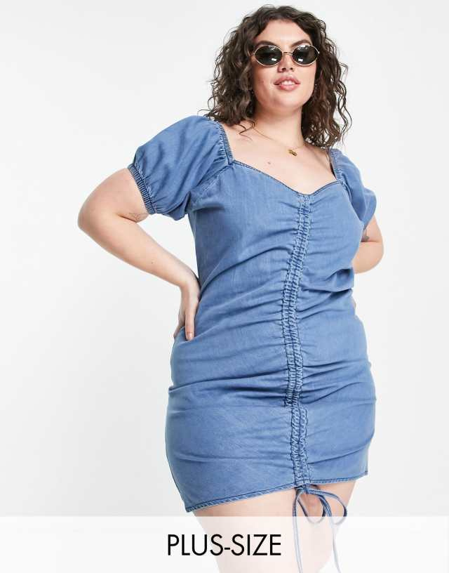 Urban Bliss Plus rouched puff sleeved mini dress in blue