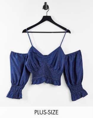 Urban Bliss Urban Bliss Plus sheered off shoulder top in blue