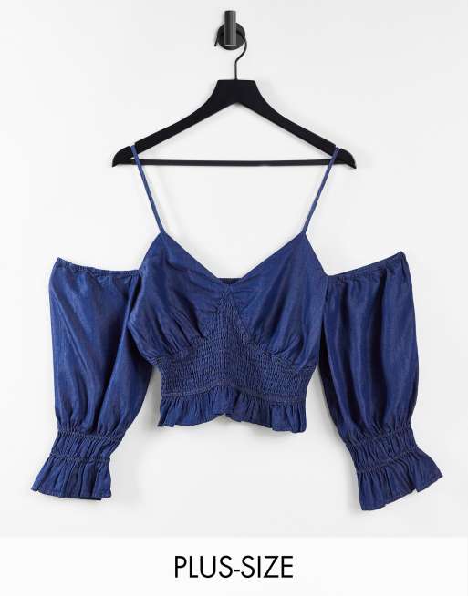 Urban Bliss Plus sheered off shoulder top in blue