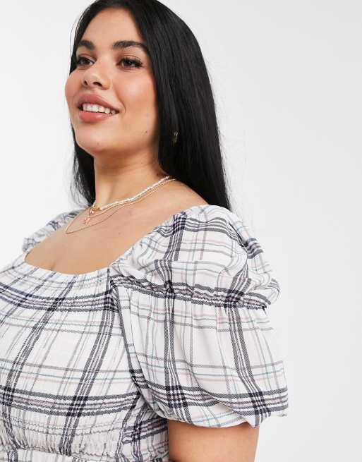 Urban Bliss Plus sheered puff sleeve midi dress in check, 3 of 4