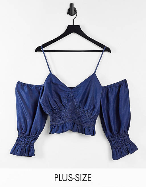 Urban Bliss Plus shirred off shoulder top in blue