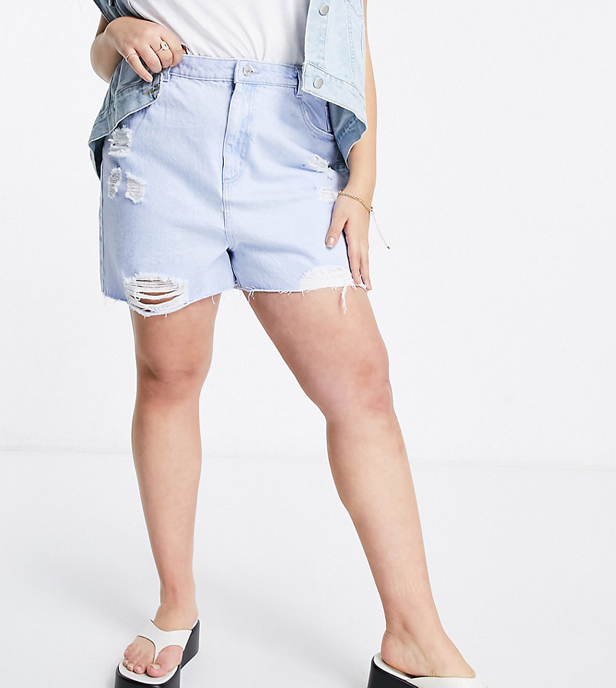 Urban Bliss Plus - Shorts met hoge taille en scheuren in lichte wassing-Blauw