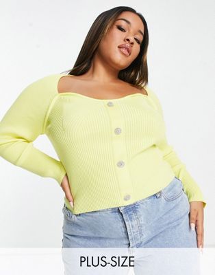 Urban Bliss Plus sweetheart neckline knitted top with button detail in yellow