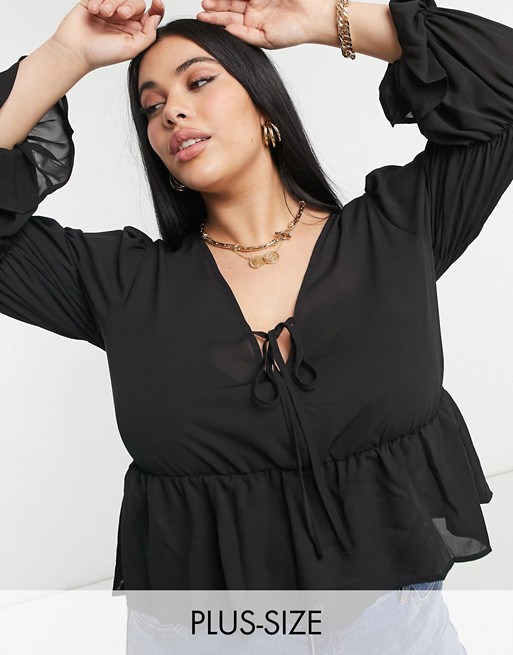 Urban Bliss Plus tie front ruched sleeve blouse in black
