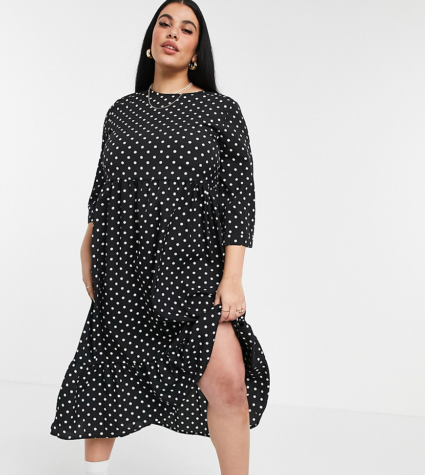 Urban Bliss Plus Plus Tiered Midi Dress In Polka Dots-black