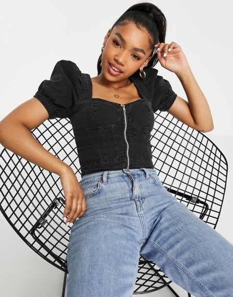 Urban Bliss puff sleeve zip front detail top in black - view 1