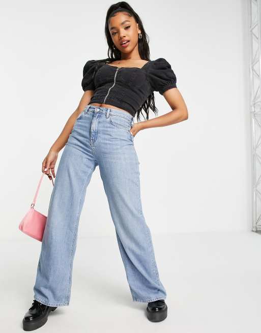 Urban Bliss puff sleeve zip front detail top in black | ASOS