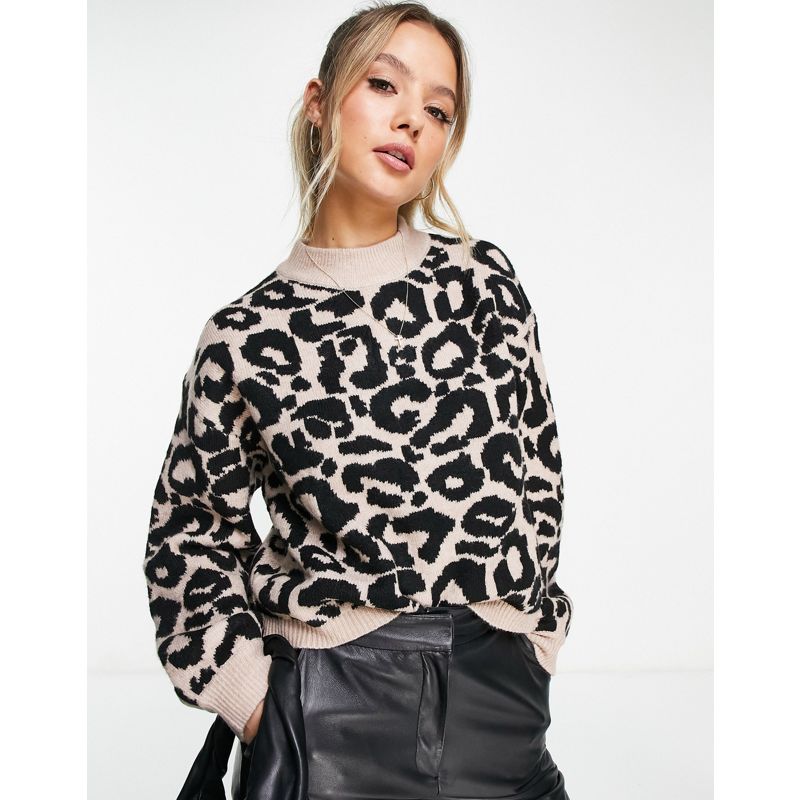 Urban Bliss – Pullover in Beige mit Ballonärmeln und Leopardenmuster