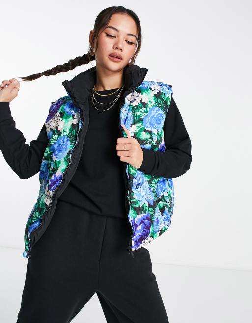 Urban Bliss reversible padded vest in multi floral and black