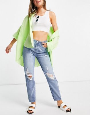 Urban Bliss ripped mom jean in mid wash - ASOS Price Checker