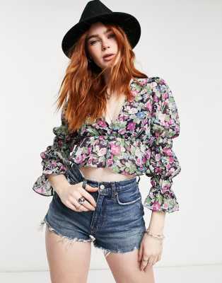 Urban Bliss Urban Bliss ruched sleeve peplum blouse in ditsy-Pink