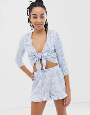 Urban Bliss ruffle hem gingham shorts-Blue