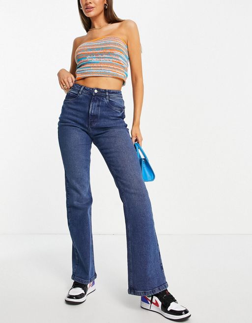 Blaue Vintage Schlagjeans mit Falten Schlichtem Modischem Design