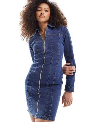 Urban Bliss Seam Detail Long Sleeve Denim Mini Dress In Mid Wash Blue