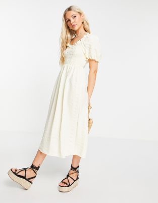 square neck shirred midi dress