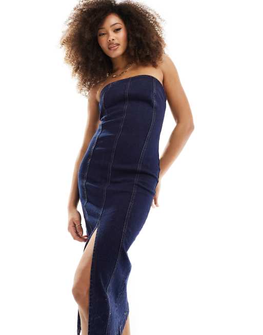 Urban Bliss – Sukienka jeansowa midaxi w kolorze indygo z dekoltem bandeau