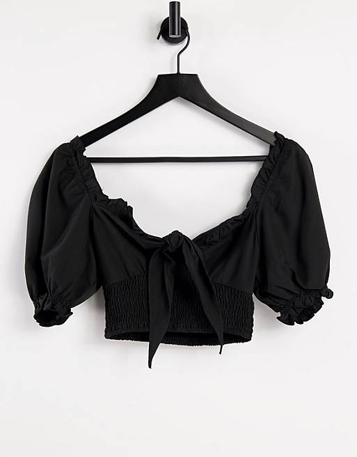 Urban Bliss tie front shirred top in black