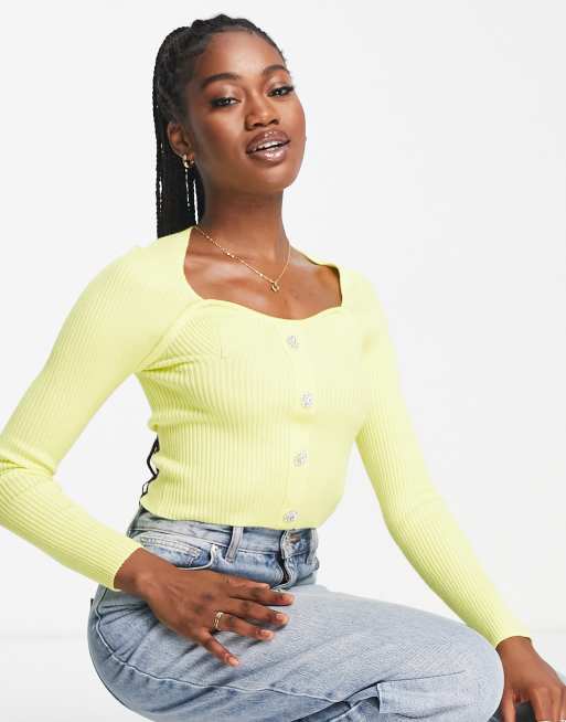 Urban Bliss - Top in maglia gialla con dettaglio con bottone e scollo a cuore, 4 di 4