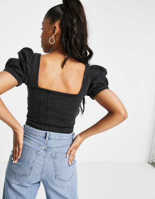 Urban Bliss - Top nero con maniche a sbuffo e zip sul davanti , 2 di 4