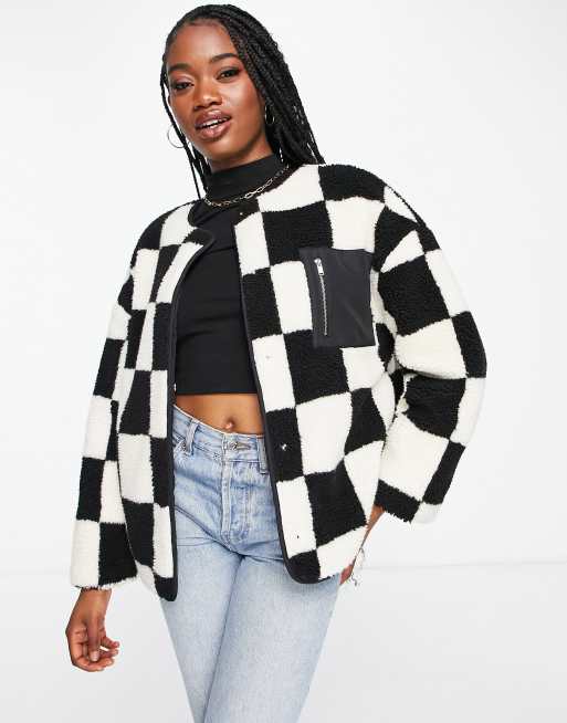Urban Bliss - Veste en imitation peau de mouton à damier - Noir et crème