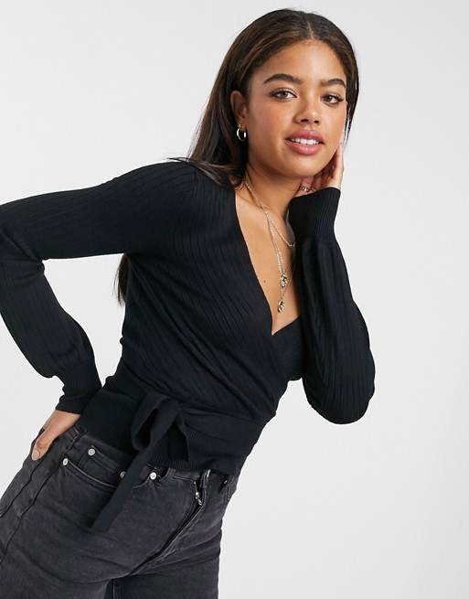 Urban Bliss wrap knitted jumper in black