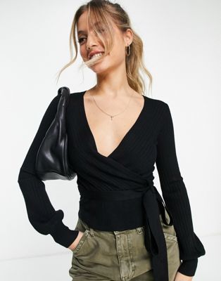 Urban Bliss wrap ribbed knitted top in black