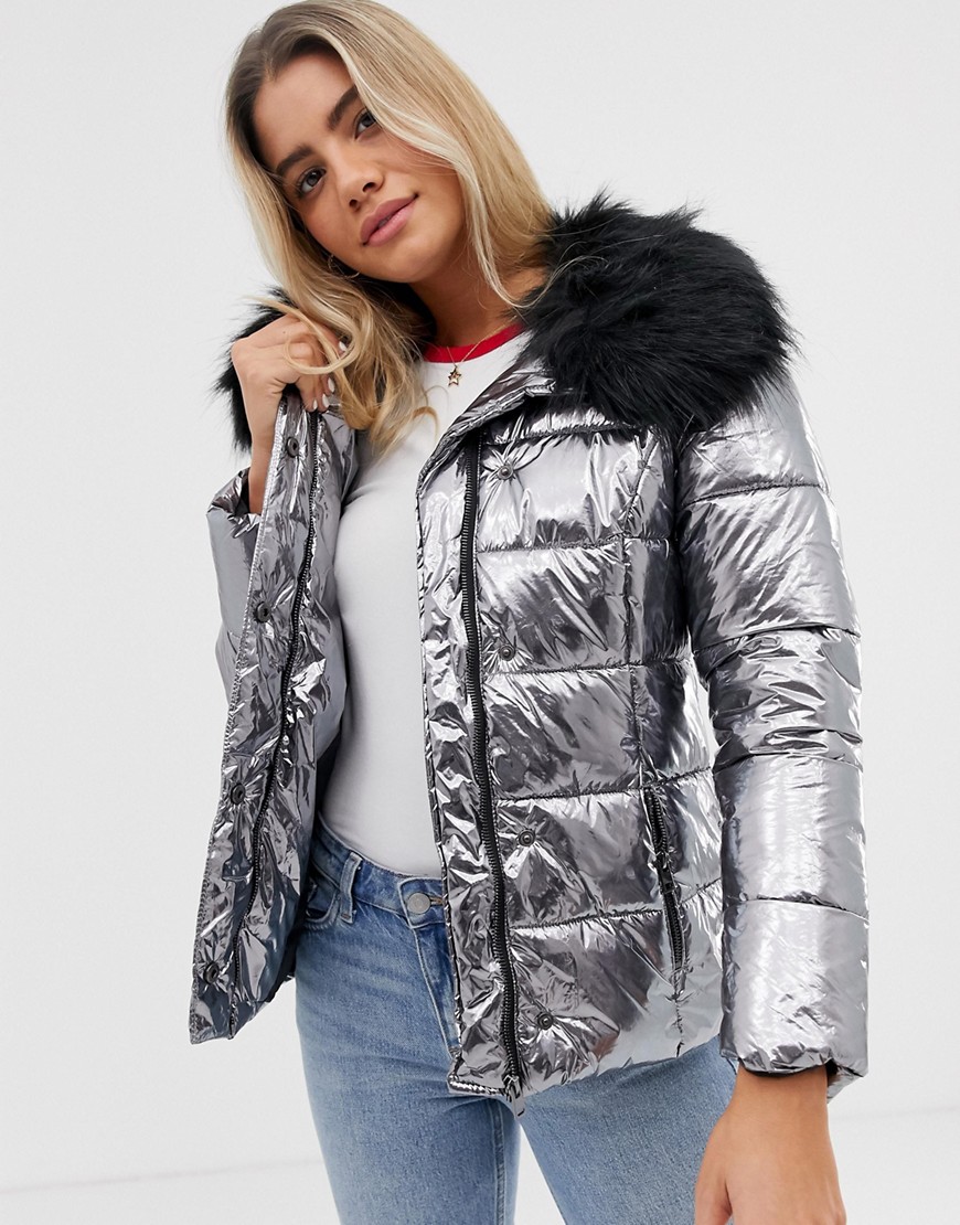 Urban Bliss Zaria padded coat with faux fur trim in metallic-Silver