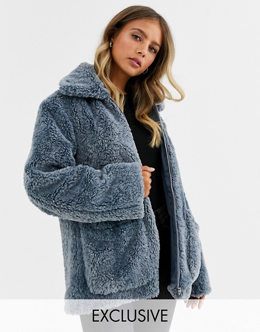 Urban Bliss zip through faux fur coat with deep cuffs
