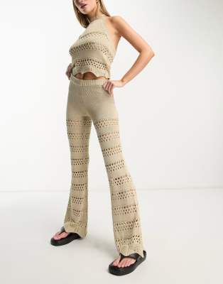 Urban Classics Urban Classics co-ord flared crochet trousers in bronze-Neutral