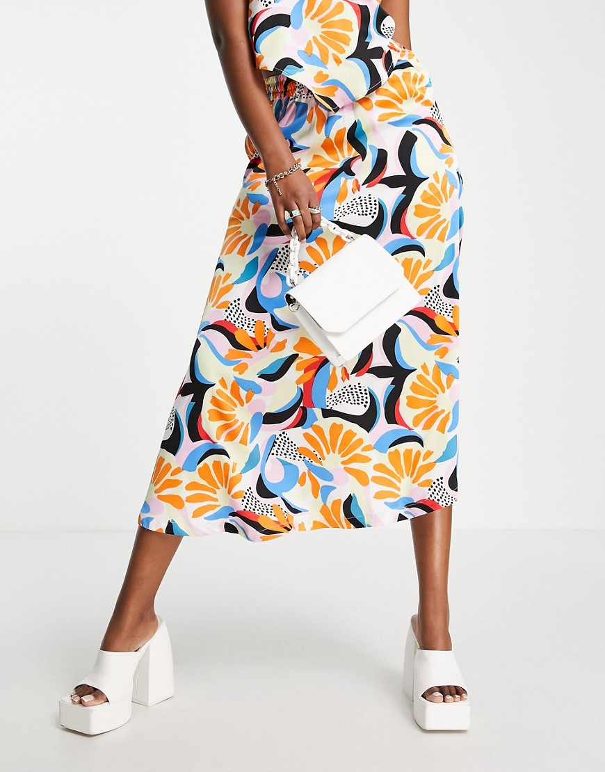 Urban Classics coord high waisted satin midi skirt in floral print-Multi