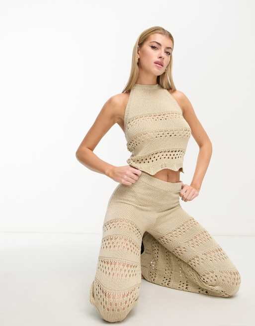 Urban Classics crochet halterneck top in bronze (part of a set)