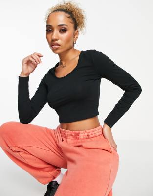 Urban Classics cropped long sleeve scoop neck t-shirt in black