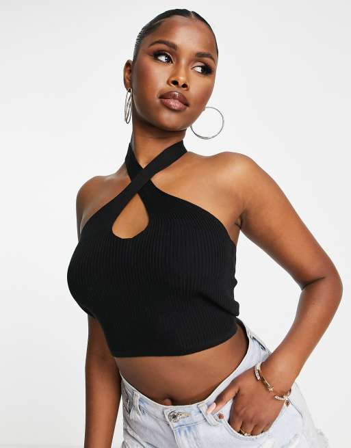Urban Classics crossed halterneck top in black