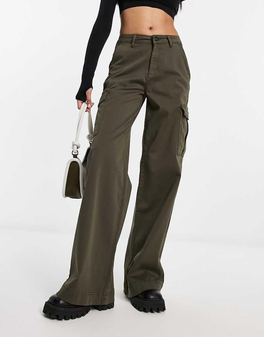 Urban Classics high waist wide leg cargo trousers in olive-Green