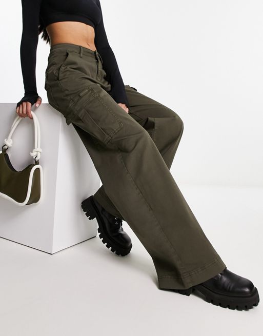 Stradivarius straight leg cargo trouser with adjustable waist in stone
