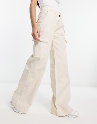 Urban Classics Urban Classics high waist wide leg twill cargo trousers in cream-Neutral