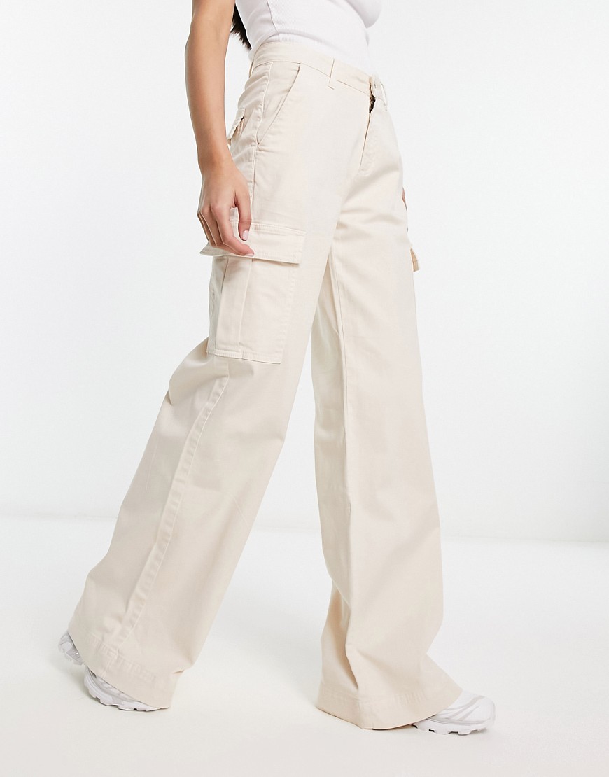 Urban Classics high waist wide leg twill cargo trousers in cream-Neutral