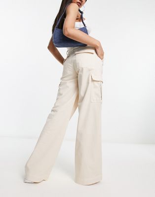 Urban Classics ASOS | waist twill high leg cream wide trousers in cargo