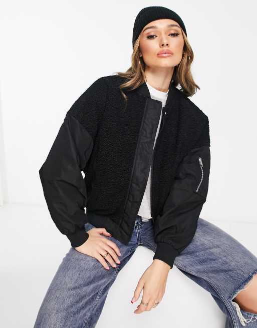 Urban Classics oversized sherpa mixed bomber jacket in black