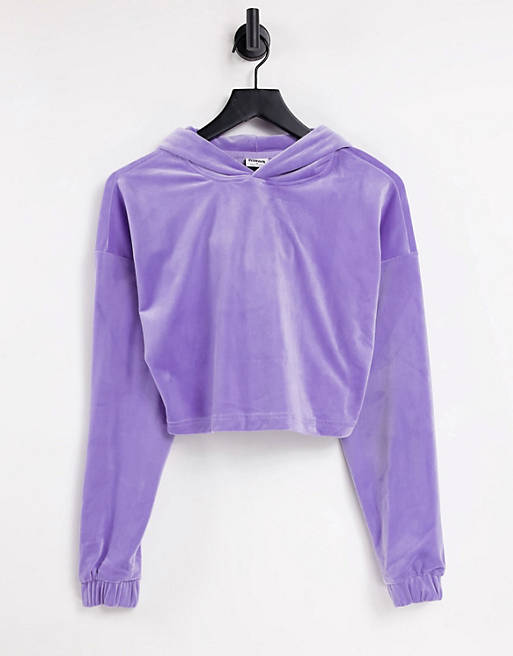 Urban Classics velour long sleeve cropped hoodie in lavender