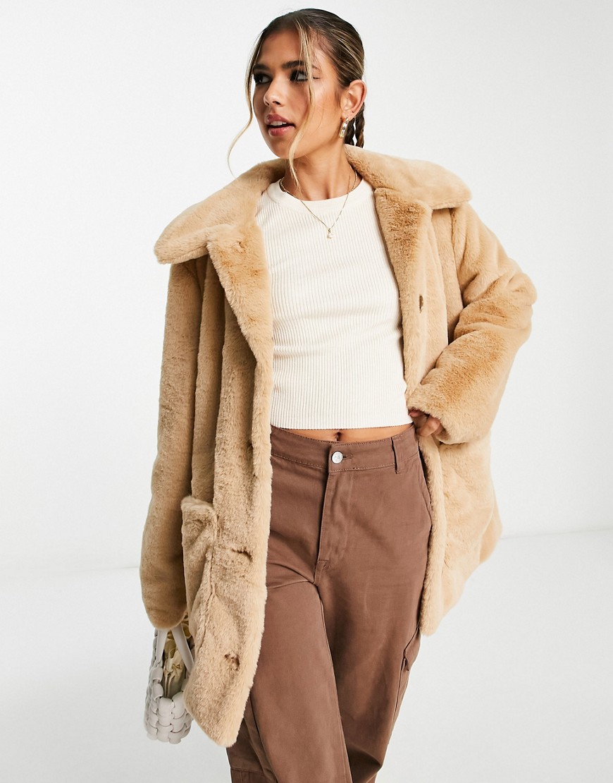 Urban Code button down faux fur coat in beige-Neutral